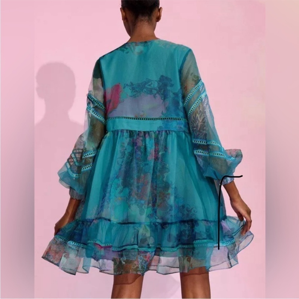 Cynthia Rowley Watercolor Hourglass Dress S Turquoise Organza Lace Mini Dress - Picture 2 of 16